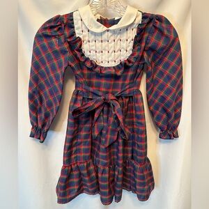 Vintage Polly Flinders Size 6 Hand Smocked Plaid Dress Collared Belted Red Blue